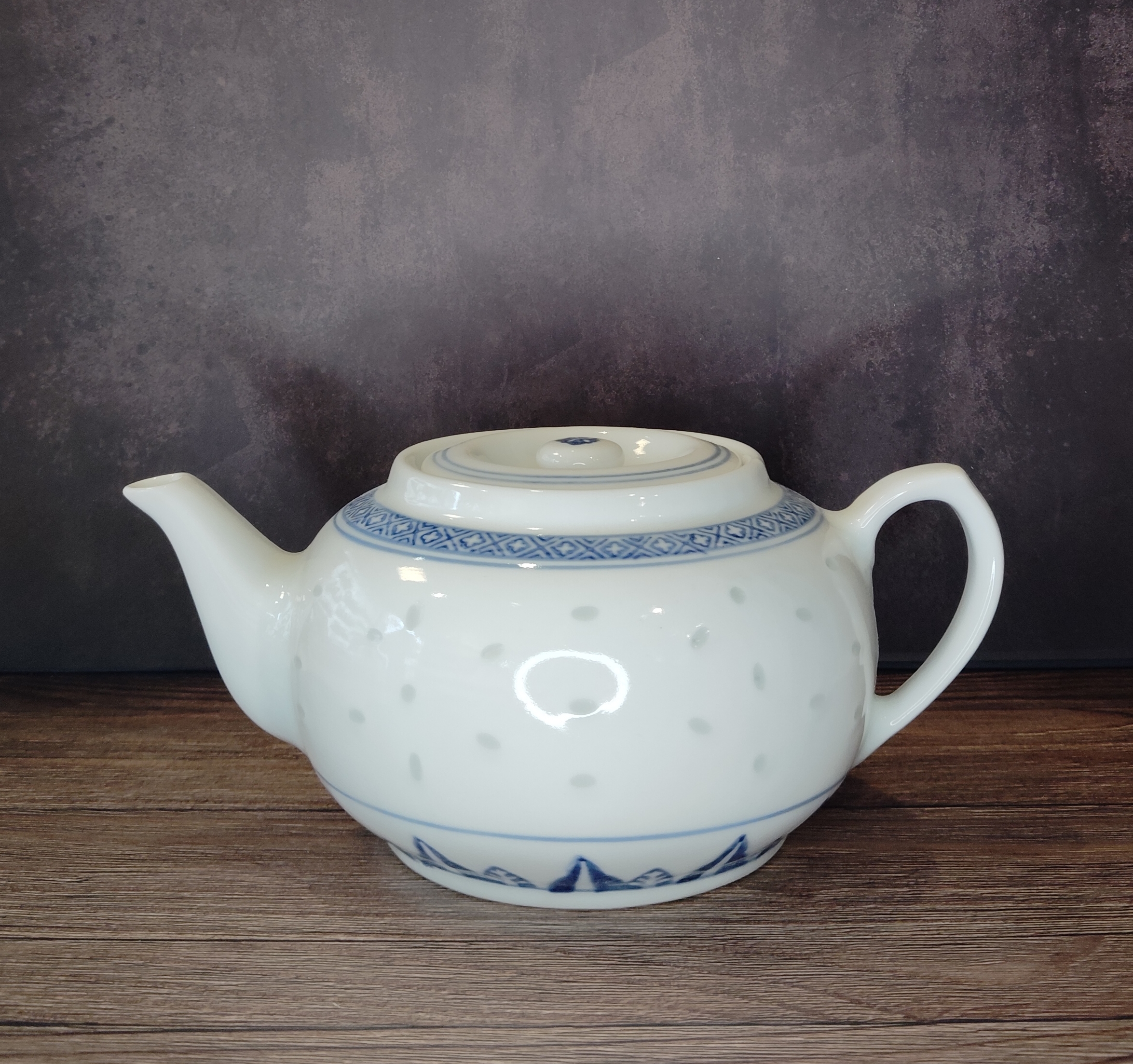 Porzellan Teekanne weiß blau mit Dekor, Asia Style, Größe L